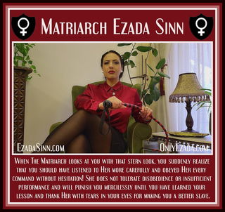 Photo by sluga0201 with the username @sluga0201, who is a verified user,  August 29, 2024 at 3:28 PM. The post is about the topic Praising the Power of Matriarch Ezada Sinn and the text says 'When The Matriarch looks at you with that stern look, you suddenly realize that you should have listened to Her more carefully and obeyed Her every command without hesitation! She does not tolerate disobedience or insufficient performance and will punish..'