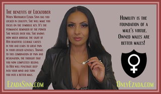 Photo by sluga0201 with the username @sluga0201, who is a verified user,  October 15, 2024 at 5:46 AM. The post is about the topic males are better when locked in chastity and the text says 'The benefits of #Locktober
When Matriarch [Ezada](Ezada) Sinn has you locked in chastity, She will make you focus on the symbolic key. It&#039;s the permanent reminder of the power She wields over you. She knows how much arousal the sight of Her..'