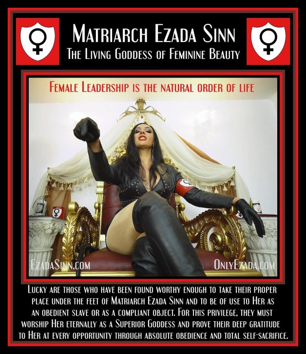 Photo by sluga0201 with the username @sluga0201, who is a verified user,  November 25, 2024 at 10:30 PM. The post is about the topic Praising the Power of Matriarch Ezada Sinn and the text says 'Lucky are those who have been found worthy enough to take their proper place under the feet of Matriarch Ezada Sinn and to be of use to Her as an obedient slave or as a compliant object. For this privilege, they must worship Her eternally as a Superior..'