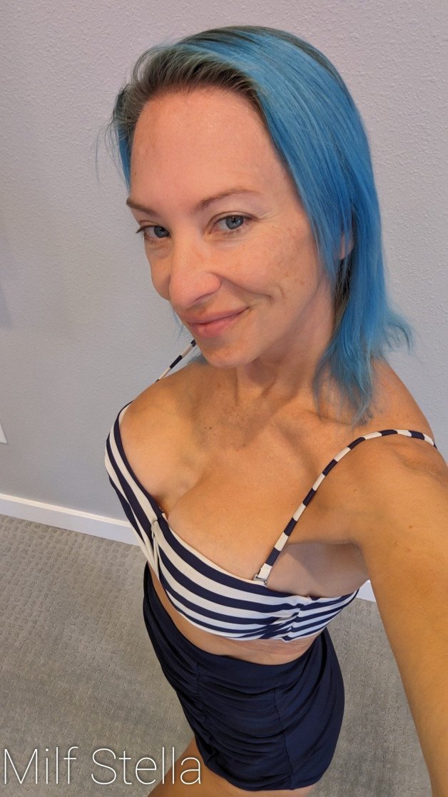 Photo by SexWithMilfStella with the username @SexWithMilfStella, who is a star user,  December 28, 2023 at 12:50 PM. The post is about the topic MILF NEXT DOOR and the text says 'Still looks pretty good on me! #stellahere #petite #blueeyes #bluehair #highwaistedbikini #retro'