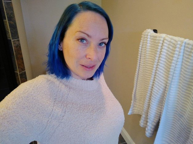 Photo by SexWithMilfStella with the username @SexWithMilfStella, who is a star user,  January 16, 2024 at 3:20 PM. The post is about the topic MILF NEXT DOOR and the text says 'Time to bring the sweater puppies back! #stellahere #petite #sweaterweather #sweaterpuppies #bluehair'