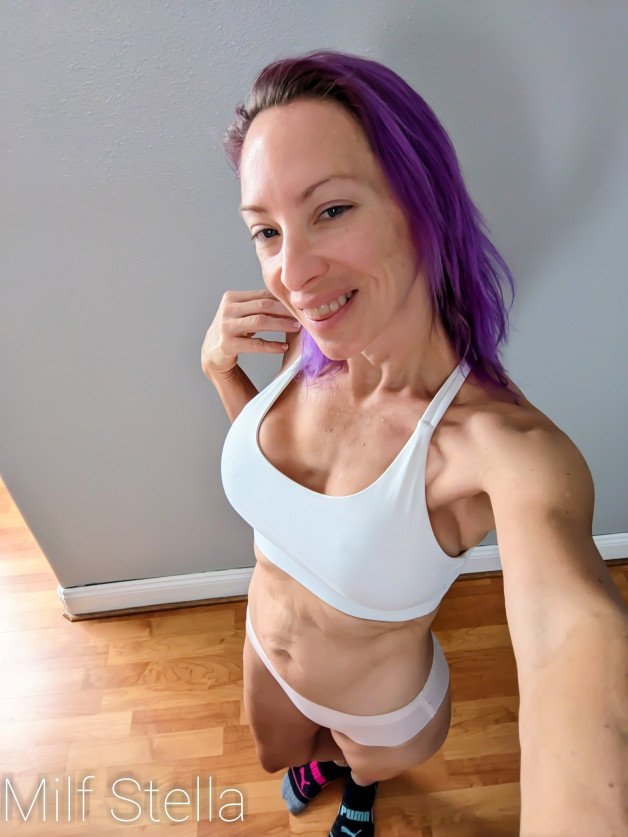 Photo by SexWithMilfStella with the username @SexWithMilfStella, who is a star user,  April 2, 2023 at 11:50 AM. The post is about the topic MILFS and the text says 'Time for rippin' reps and gettin' gains, boys. Ferda! #stellahere #petitebody #gains #letterkenny #purplehair #blueeyes'