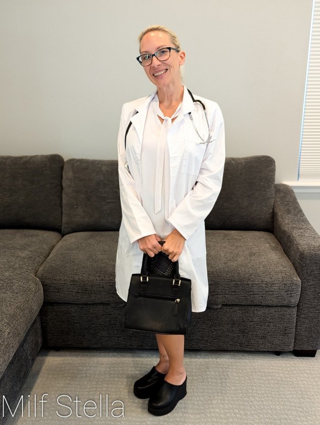 Photo by SexWithMilfStella with the username @SexWithMilfStella, who is a star user,  July 26, 2024 at 1:00 PM. The post is about the topic Awesome Milfs and the text says 'Is Dr Stella the only Doctor that still makes house calls? #stellahere #petite #blonde #cosplay #doctorcosplay #clogs #glasses #ponytail'