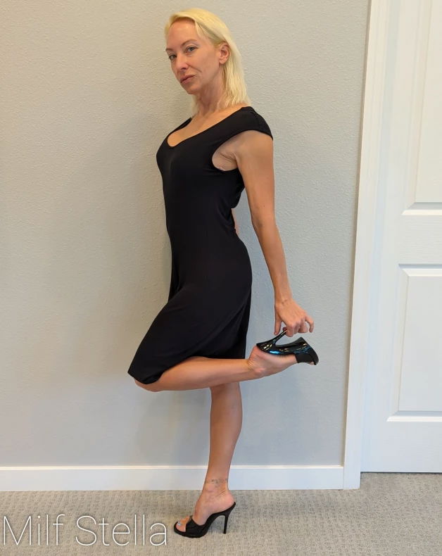 Photo by SexWithMilfStella with the username @SexWithMilfStella, who is a star user,  April 16, 2024 at 1:15 PM. The post is about the topic Awesome Milfs and the text says 'The trifecta! #stellahere #petite #blueeyes #lbd #littleblackdress #highheels #mules #muleheels'