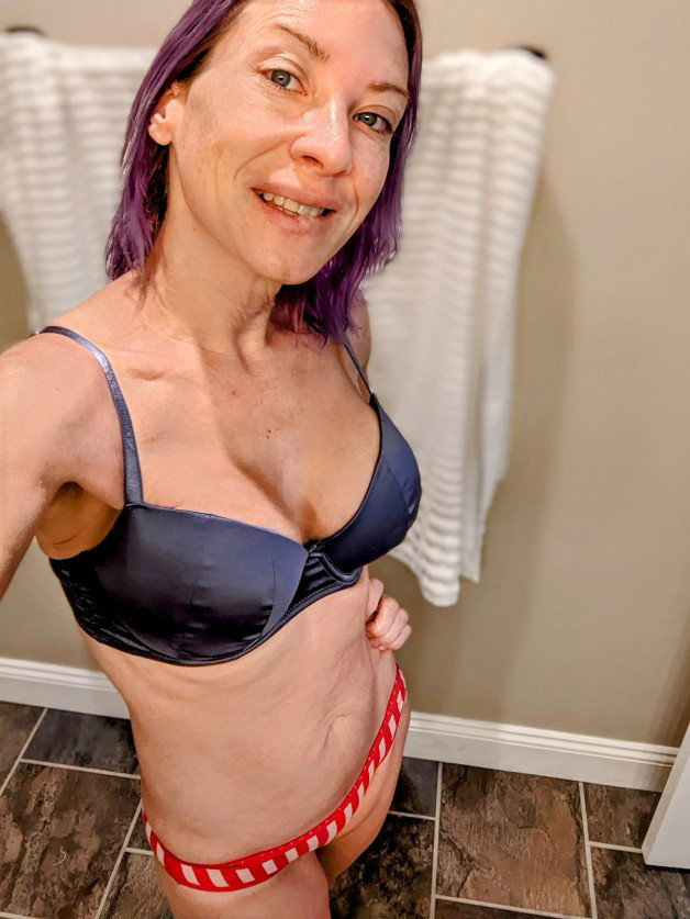 Photo by SexWithMilfStella with the username @SexWithMilfStella, who is a star user,  December 14, 2022 at 12:55 PM and the text says 'On the first day of Christmas my true love gave to me a cute pair of striped undies! #milfstella #milf #mature #cougar #girlnextdoor #panties #underwear #knickers #victoriassecret #braandpanties #blueeyes #purplehair #12daysofchristmas See more of me at..'