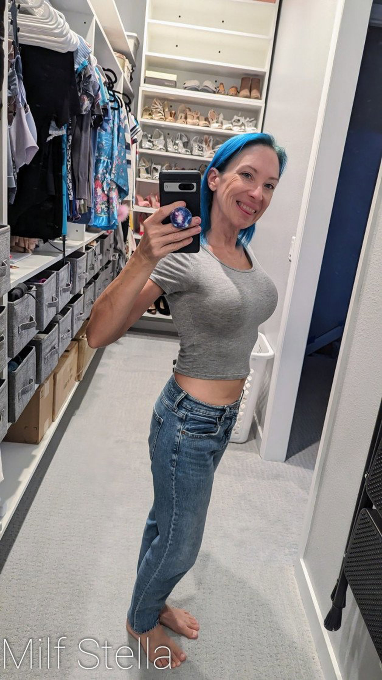 Photo by SexWithMilfStella with the username @SexWithMilfStella, who is a star user, posted on December 22, 2023. The post is about the topic MILF NEXT DOOR and the text says 'Finally comfortable enough to wear a crop top out! #stellahere #petite #blueeyes #bluehair #croptop #jeans'