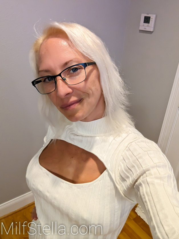 Photo by SexWithMilfStella with the username @SexWithMilfStella, who is a star user,  March 8, 2024 at 6:35 PM. The post is about the topic Glasses and the text says 'I really love this sweater! #stellahere #petite #girlinglasses #glasses #blonde'