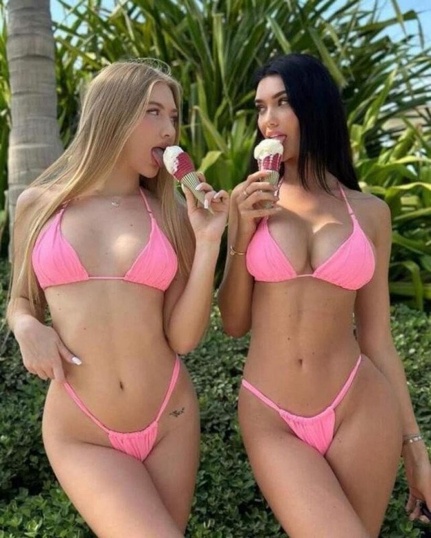 Photo by MyBabezCollection with the username @MyBabes666Y,  July 24, 2023 at 7:56 PM. The post is about the topic Sexy Lingerie & Swim and the text says 'Blonde & Brunette, Pink Bikinis 
#Hot & #SexyGirls #Bikini & #SwimsuitStyle'