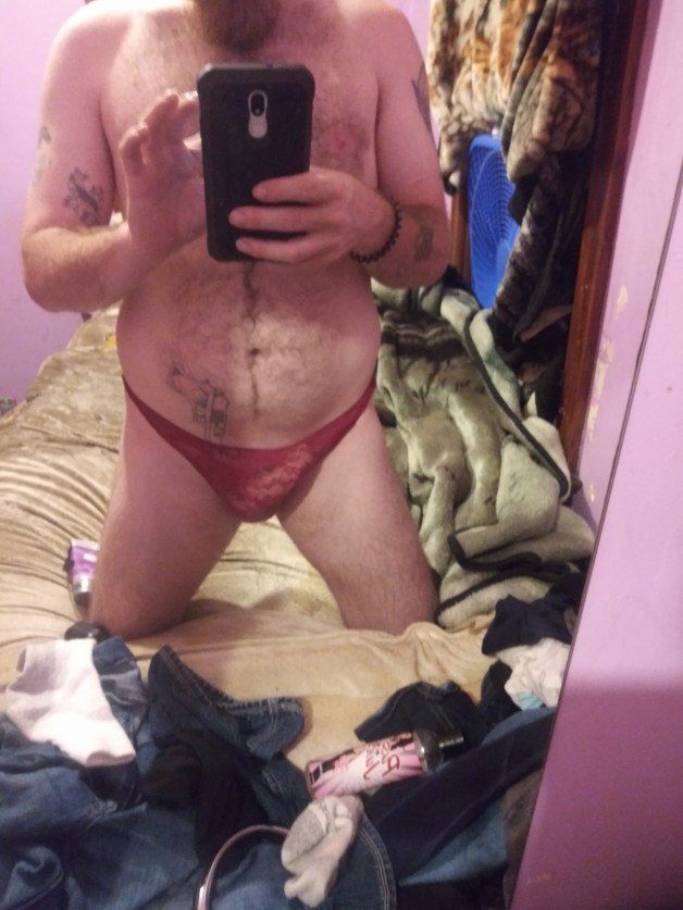 Photo by Shanewolf with the username @Shanewolf, who is a verified user,  February 7, 2021 at 5:50 AM and the text says 'me in thong'