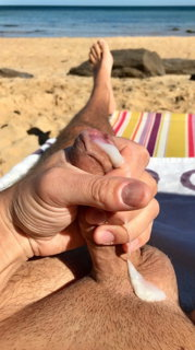 Photo by OzNudeUncut with the username @OzNudeUncut, who is a verified user,  May 6, 2022 at 9:37 PM. The post is about the topic Gay nude beach and the text says 'Overflowing with joy
#cum #nudebeach #exhibitionist'