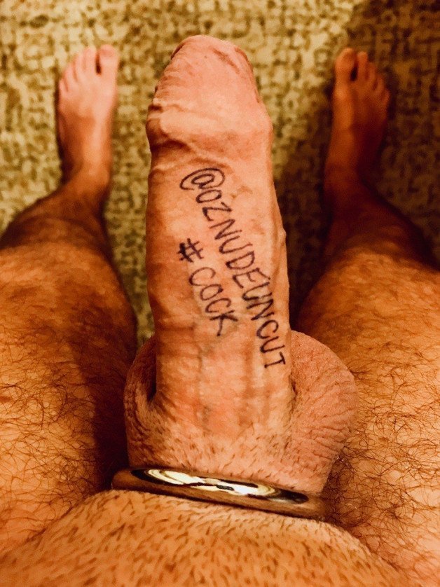 Photo by OzNudeUncut with the username @OzNudeUncut, who is a verified user,  April 17, 2022 at 8:22 PM. The post is about the topic Uncut cocks and the text says 'Taking my watermarks and hashtags too far?
#cock #uncut #foreskin #cockring #cocklover'