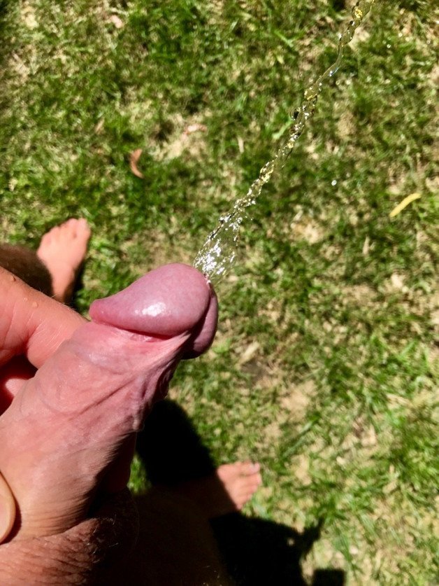 Photo by OzNudeUncut with the username @OzNudeUncut, who is a verified user,  August 1, 2022 at 4:17 AM. The post is about the topic Frenulum and the text says 'Watering the grass
#piss #frenulum #intact'