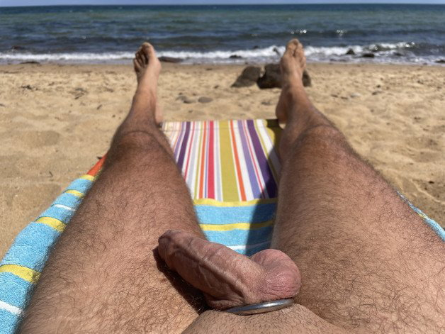 Photo by OzNudeUncut with the username @OzNudeUncut, who is a verified user,  September 4, 2022 at 11:12 AM. The post is about the topic Gay nude beach and the text says 'Sunning my sausage
#cockring #gaynudebeach #nudebeach'