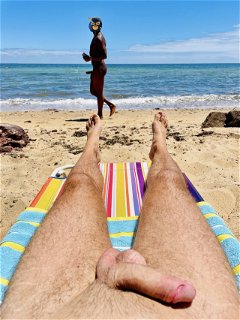 Photo by OzNudeUncut with the username @OzNudeUncut, who is a verified user,  April 30, 2022 at 9:23 PM. The post is about the topic Gay nude beach and the text says 'Chocolate and vanila... chocolate happyto see vanila
#nudebeach #cock #beachboner'
