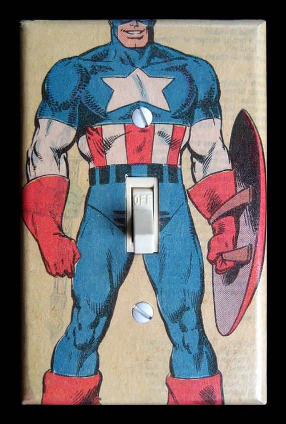 Photo by TemporaryBreak with the username @TemporaryBreak,  June 22, 2013 at 8:05 PM and the text says 'smoteymote:

I can’t stop laughing.
Superhero Light Switch Plates by Intergalactic Design on Etsy'