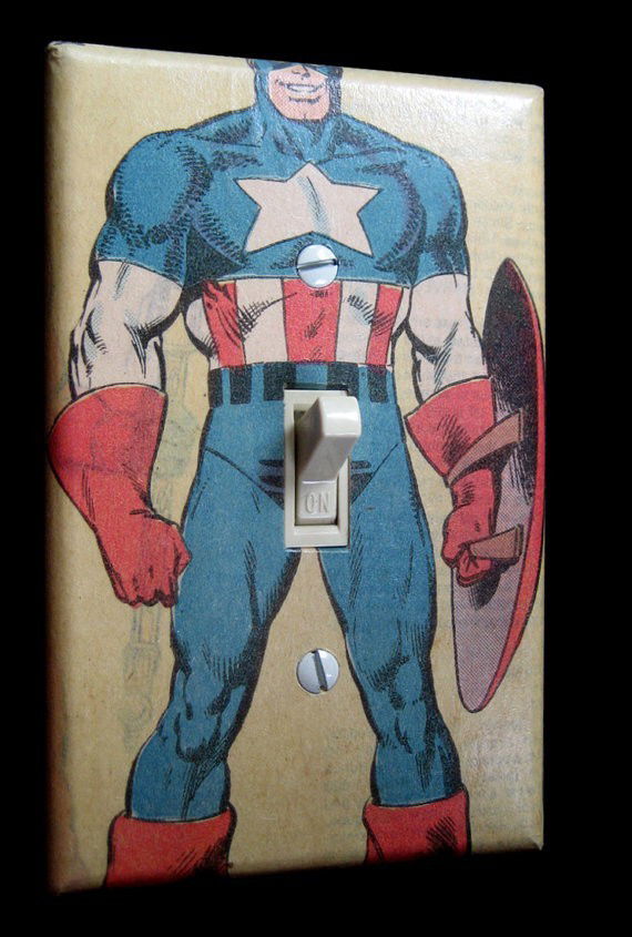 Photo by TemporaryBreak with the username @TemporaryBreak,  June 22, 2013 at 8:05 PM and the text says 'smoteymote:

I can’t stop laughing.
Superhero Light Switch Plates by Intergalactic Design on Etsy'