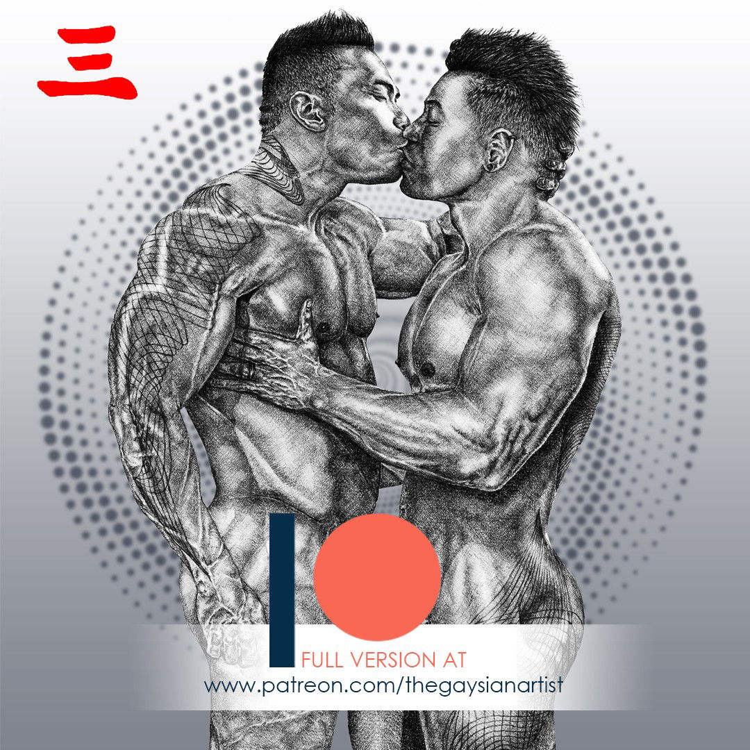 Photo by thegaysianartist with the username @thegaysianartist, who is a verified user,  July 31, 2020 at 11:49 PM. The post is about the topic Gay and the text says 'Kissing 3: Preview.

Join me on Patreon to see the full version and more than 70 uncensored original works!'