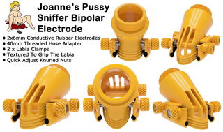 Photo by Joanne Summers with the username @joannesreviews,  April 14, 2020 at 9:15 PM. The post is about the topic Bondage and the text says 'My bipolar e-stim cunt clamp sniffer box. I designed this one to clamp the labia and to act as a bipolar electrode while a hose can be attached to go to a gasmask to allow the wearer to smell their pussy as they are stimmed'