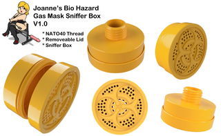 Shared Photo by Joanne Summers with the username @joannesreviews,  April 14, 2020 at 4:46 PM. The post is about the topic BDSM and the text says 'A design for a gas mask sniffer box with a NATO40 thread and a bio-hazard symbol on the front'