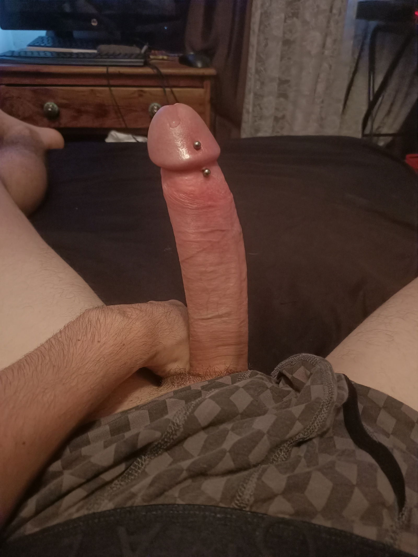 Photo by Goeey69 with the username @Goeey69,  April 15, 2020 at 2:02 PM and the text says 'what do you think of my cock? #pierced'