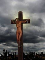 Photo by Cordelien with the username @Cordelien,  April 10, 2021 at 4:00 PM. The post is about the topic Crucifiedwoman and the text says 'Darkness on cimetery #bdsm #bondage #crucified'