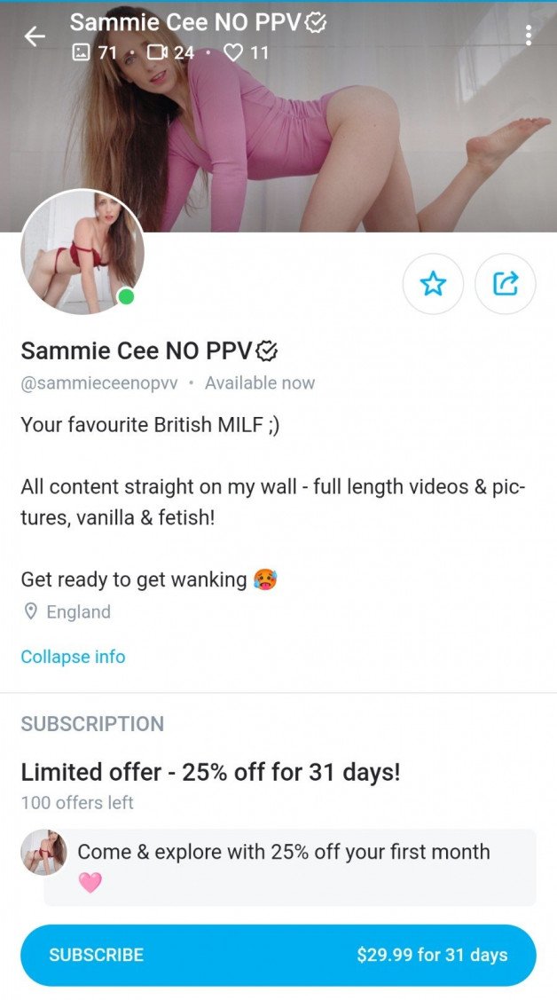 Photo by SammieCee with the username @SammieCee, who is a star user,  August 28, 2024 at 10:33 AM and the text says '⭐All NEW OnlyFans⭐
All inclusive 🥳 
Full length vids &amp; pic sets straight on the wall!
Vanilla &amp; fetish
👉OnlyFans.com/sammieceenoppv👈'