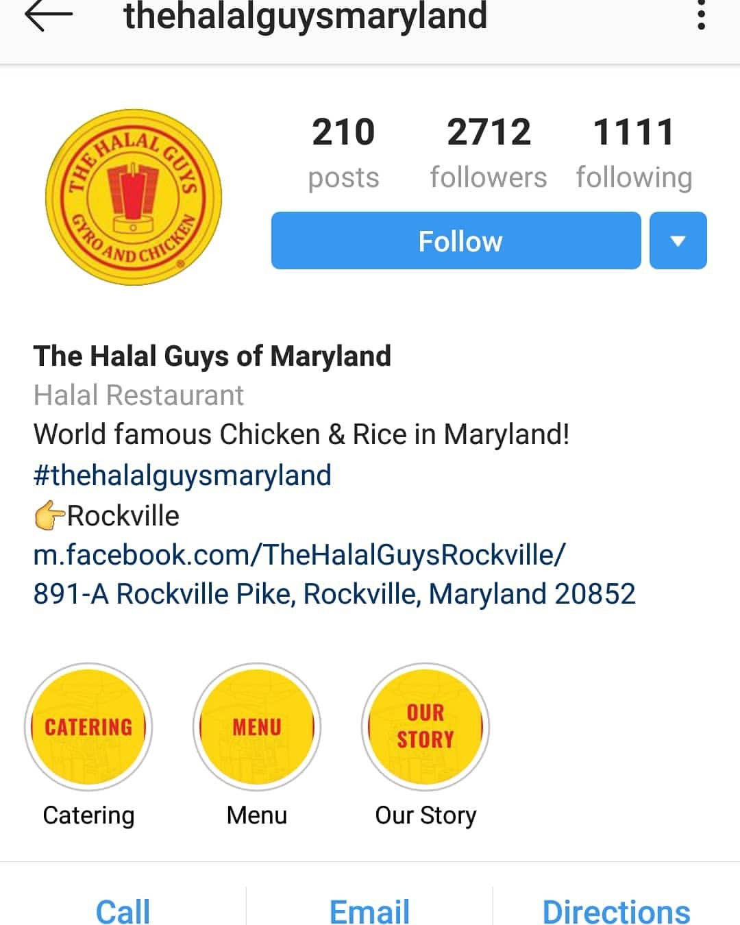 Photo by Mike Hawke with the username @wunhunglow410, who is a verified user,  October 22, 2018 at 5:46 AM and the text says 'If you live in Maryland or have plans on visiting check out @thehalalguysmaryland they are in Rockville it&rsquo;s really far from me in Baltimore but looking at the food on their page I might have to make that drive. I&rsquo;ve never had halal food..'