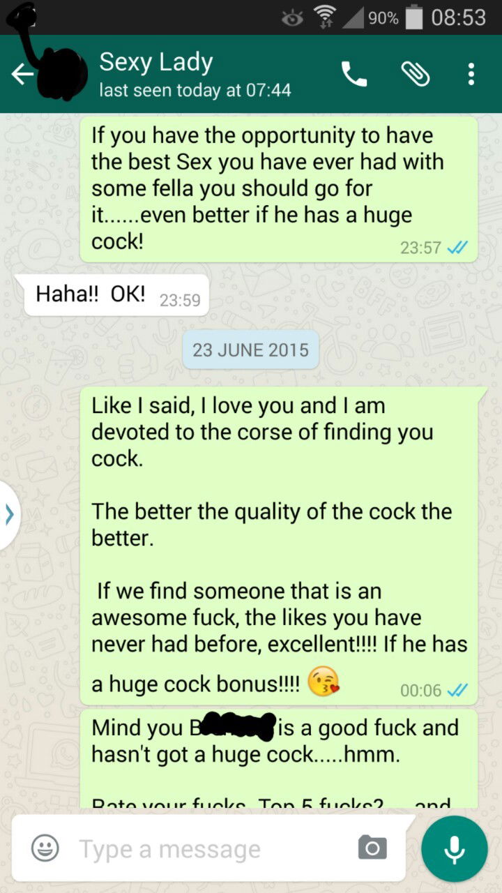 Photo by Alextom88 with the username @Alextom88,  June 22, 2017 at 6:53 PM and the text says 'hotwifetexts:
hotwifesextext:

4 of 4

This is a WhatsApp conversation between my woman, who has a regular fuck buddy, and myself. 

We gave a game we play, where she gets a points target and challenges, to do by the end of the year. Various points are..'