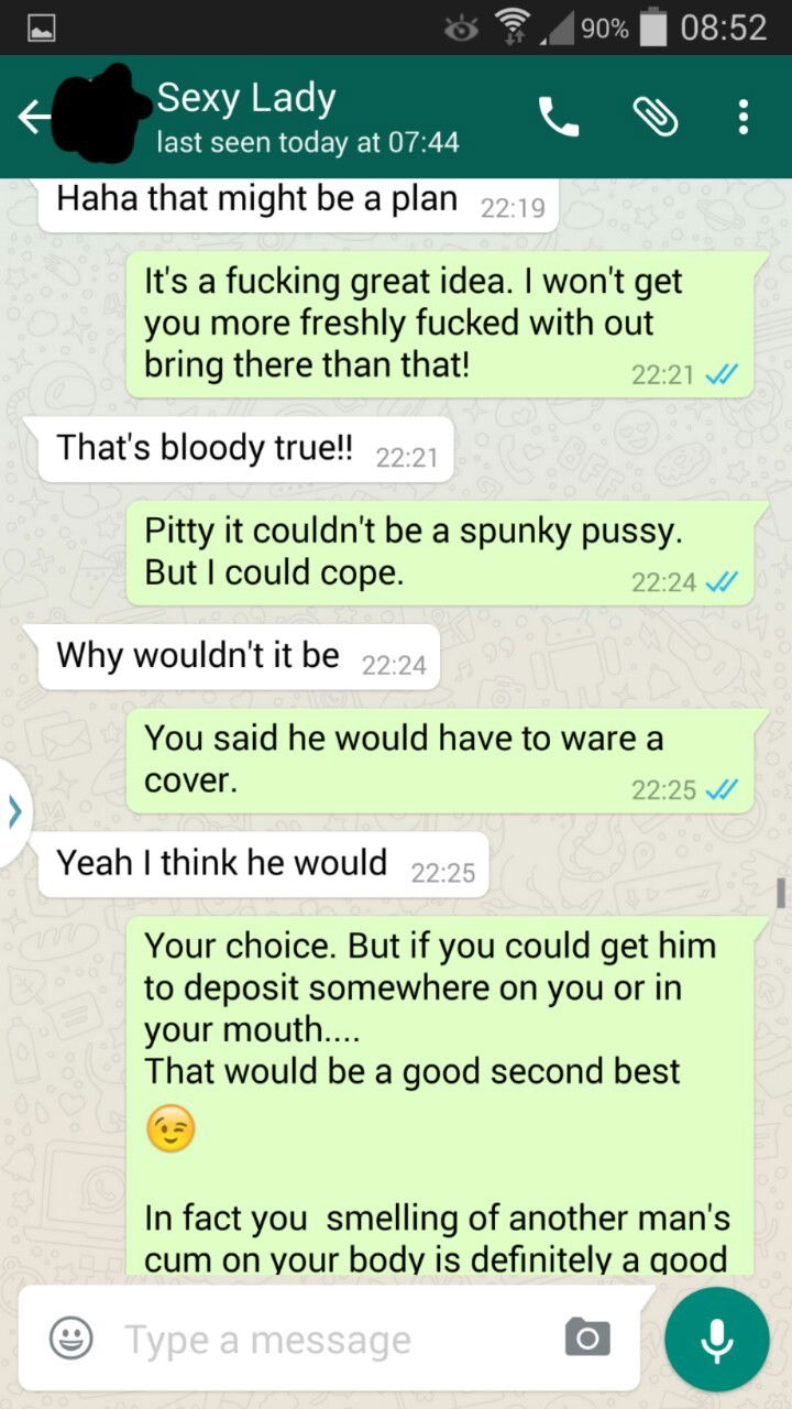 Photo by Alextom88 with the username @Alextom88,  June 22, 2017 at 6:53 PM and the text says 'hotwifetexts:
hotwifesextext:

3 of 4

This is a WhatsApp conversation between my woman, who has a regular fuck buddy, and myself. 

We gave a game we play, where she gets a points target and challenges, to do by the end of the year. Various points are..'