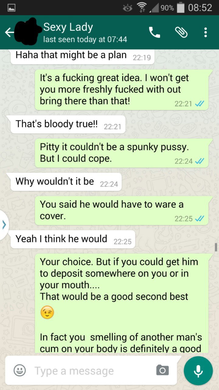Photo by Alextom88 with the username @Alextom88,  November 19, 2016 at 8:33 PM and the text says 'hotwifetexts:
hotwifesextext:

3 of 4

This is a WhatsApp conversation between my woman, who has a regular fuck buddy, and myself. 

We gave a game we play, where she gets a points target and challenges, to do by the end of the year. Various points are..'