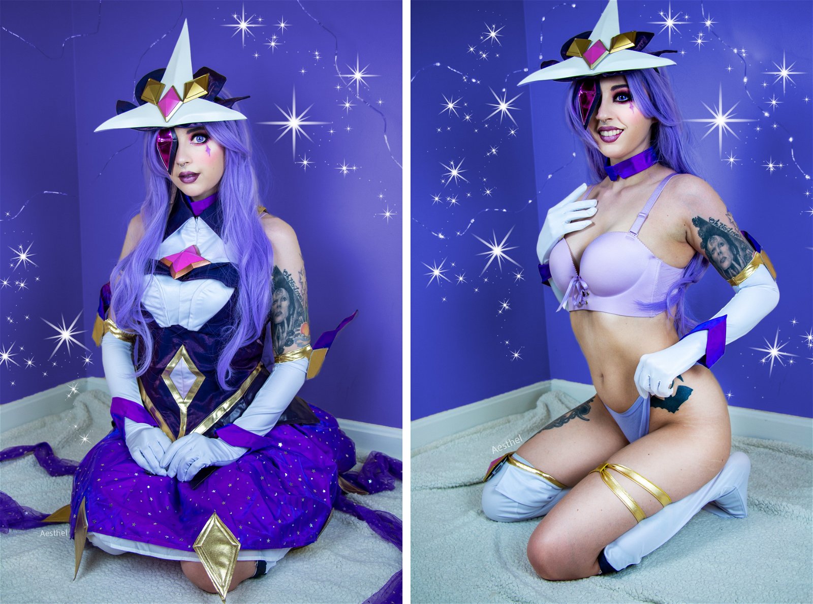 Photo by aesthel with the username @aesthel,  June 30, 2020 at 12:08 AM. The post is about the topic Cosplay and the text says 'Star Guaradian Syndra On/Off Cosplay Comparison by Aesthel'