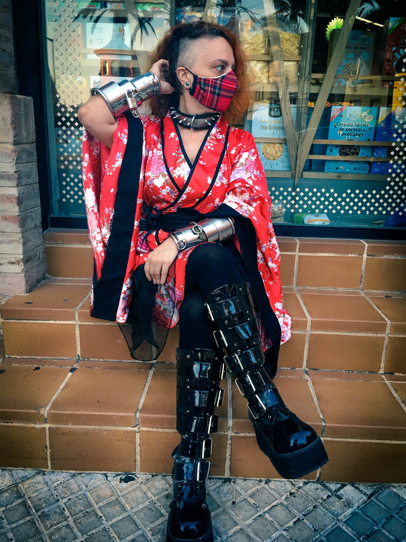 Photo by Nekotied with the username @nekotied, who is a star user,  August 9, 2020 at 7:06 AM. The post is about the topic Fetish and the text says 'Public heavy steel shackles overload, a hard shot when we are at 35ºC.
 Metal bondage, yukata & Demonia boots, best combo ever'