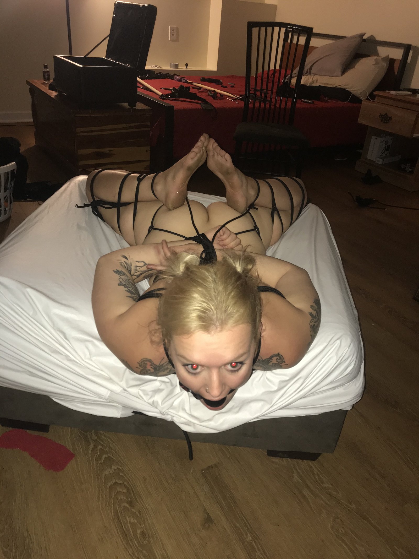Photo by Bdsmkinkster91 with the username @Bdsmkinkster91, who is a verified user,  August 9, 2020 at 11:39 AM. The post is about the topic Bondage and the text says 'my first time doing a hogtie on my beautiful slave...'