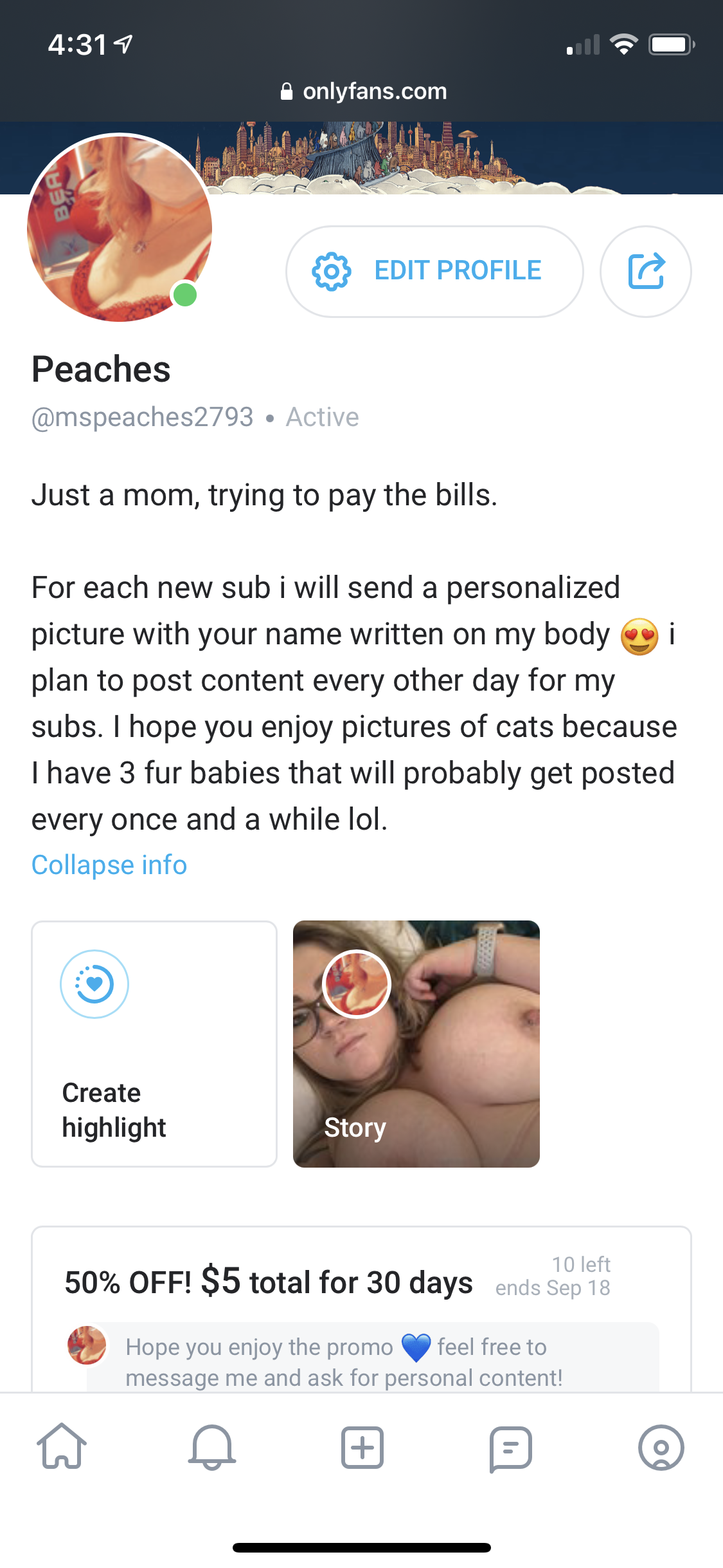 Album by peaches83073542 with the username @Peacheslove2793,  August 20, 2020 at 1:32 AM. The post is about the topic Home Made Amateurs and the text says 'promo time! right now you can subscribe for only $5 🙀🙀 each sub will get a free rate and personalized picture 💙'