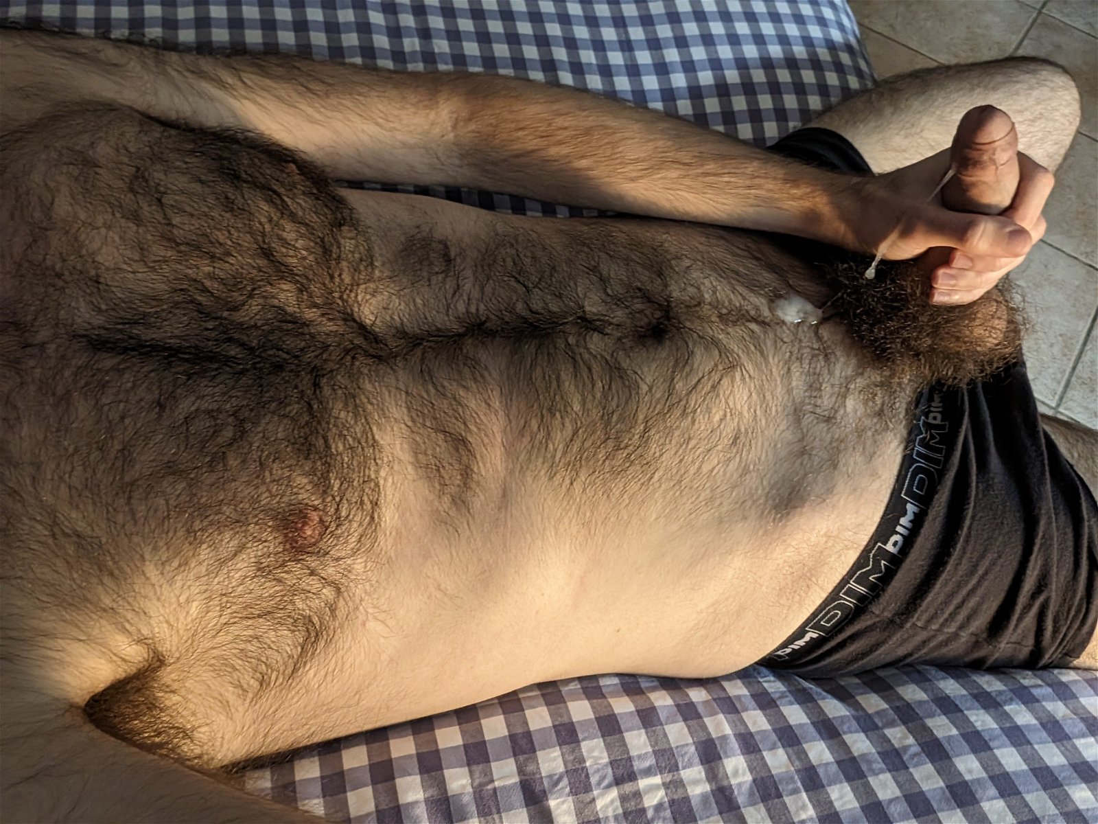 Photo by rblue with the username @rblue17,  January 13, 2024 at 12:40 PM. The post is about the topic Gay and the text says 'Looks like I'm not gonna cover my hairy chest in cum on my own. Wanna help? 😏'