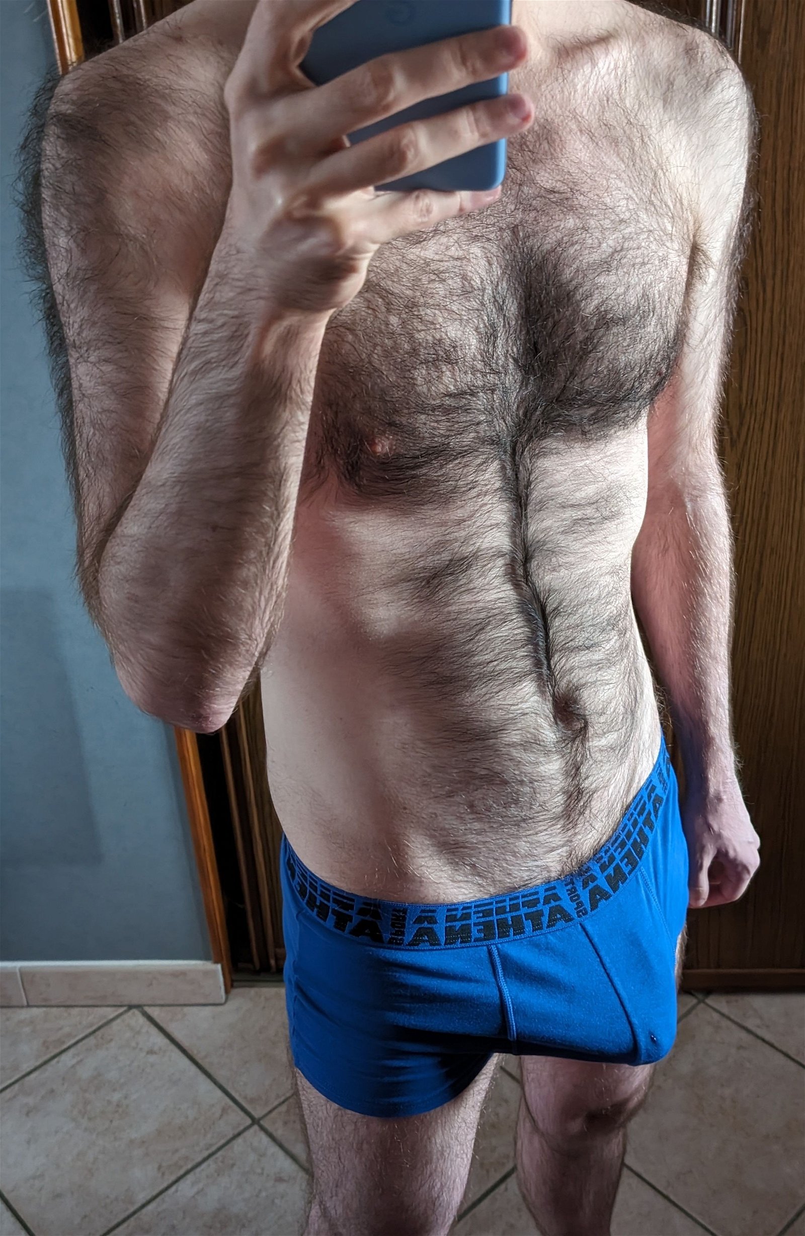 Photo by rblue with the username @rblue17,  February 10, 2024 at 12:04 PM. The post is about the topic Gay and the text says 'Mind looking at my hairy chest and wet dick today?'