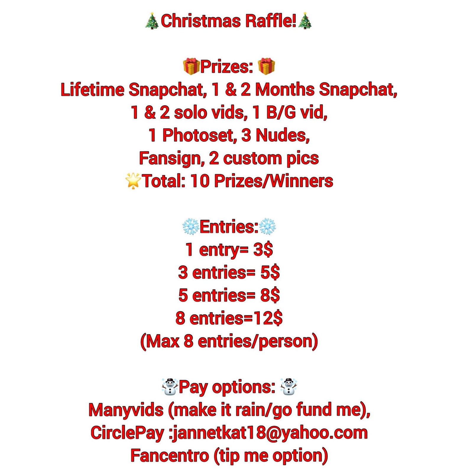 Photo by Janne Kat with the username @Jannetkat99, who is a star user,  December 10, 2018 at 4:46 PM and the text says 'Christmas Raffle going on here, the winners will be choosed with a randomizer on 24th Decembre.Go on my profile and check my Manyvids (the pink heart with a crown button) or just click on “see full content” under this pic, for samples and reviews of my..'