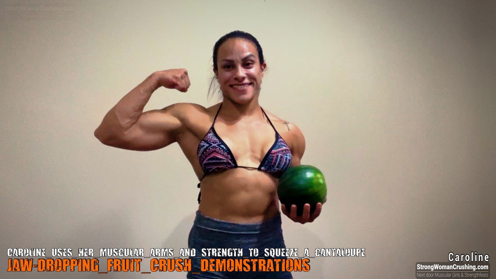 Album by MusclegirlStrength with the username @MusclegirlStrength, who is a brand user,  October 8, 2023 at 4:35 PM and the text says '🚺💪🍈 Want to witness Caroline's incredible strength? 🎥🔥 Join our community at www.strongwomancrushing.com and get exclusive access to her mind-blowing cantaloupe squeezing video! 💥📲 Don't miss out on this powerful display! 💯💻 #StrongWomanCrushing..'