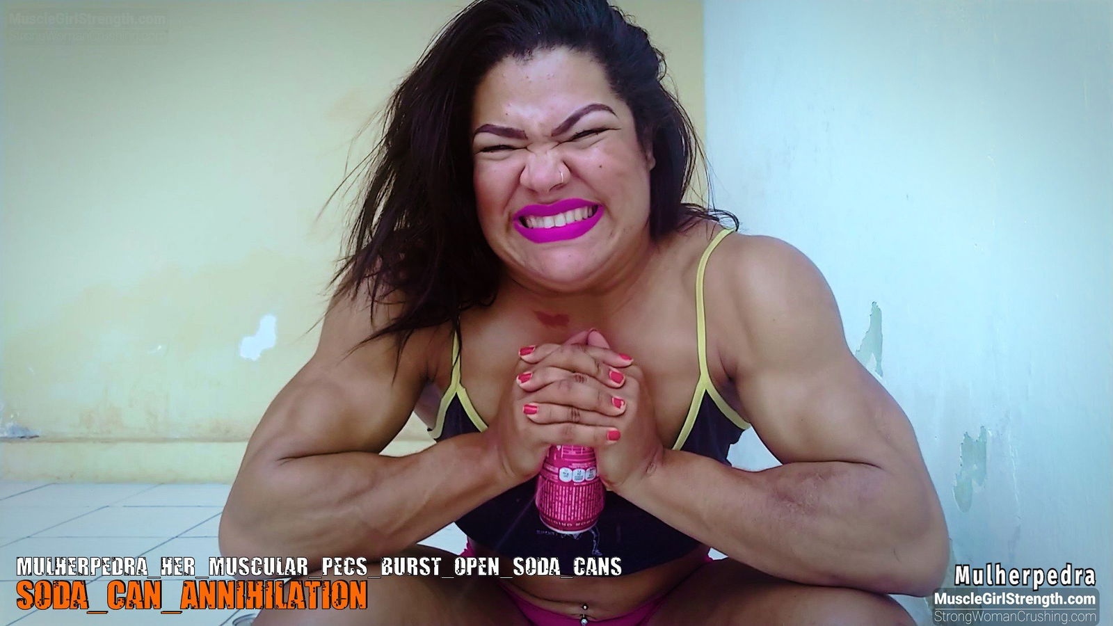 Album by MusclegirlStrength with the username @MusclegirlStrength, who is a brand user,  September 21, 2023 at 7:24 PM and the text says '💪🏽 Check out Mulherpedra crushing soda cans with her muscular pecs! 🥤 Get your membership now and watch the video at www.strongwomancrushing.com 🤩 #StrongWoman #CrushingGoals #MusclePower #Mulherpedra #SodaCans'