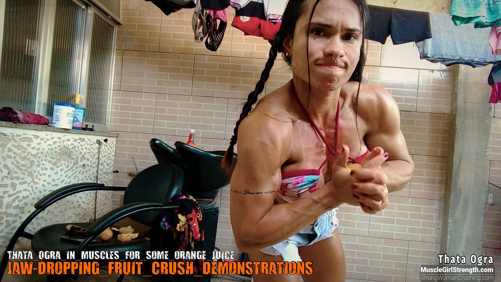 Album by MusclegirlStrength with the username @MusclegirlStrength, who is a brand user,  September 19, 2023 at 3:21 PM and the text says '😋🍊💪 Check out this awesome video of ThatAOgra smashing some delicious orange juice! Get your membership to watch this and more at www.strongwomancrushing.com #StrongWomanCrushing #ThatAOgra #OrangeJuice #MusclePower #VideoContent'