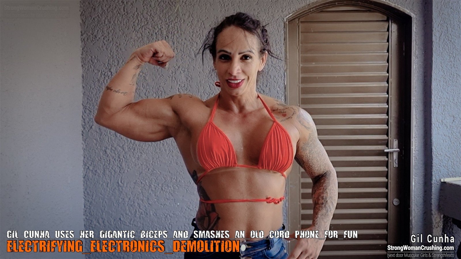 Photo by MusclegirlStrength with the username @MusclegirlStrength, who is a brand user,  October 15, 2023 at 1:53 PM and the text says '🔥 Calling all muscle worshipers! 🔥
Watch Gil Cunha's jaw-dropping strength in action 💪💥
She effortlessly crushes an old cord phone with her powerful biceps 📞💪
Get exclusive access to this mind-blowing video at www.strongwomancrushing.com 💻✨..'