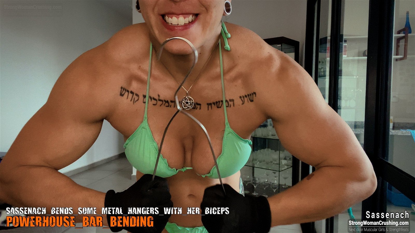 Photo by MusclegirlStrength with the username @MusclegirlStrength, who is a brand user,  September 1, 2023 at 5:20 PM and the text says '💪😍 Join the #StrongWomanCrushing movement and watch Sassenach bend metal hangers with her biceps! 💪😍 Get exclusive access to this video and other content by purchasing a membership at www.strongwomancrushing.com 💪😍 #GirlPower #FitnessGoals..'