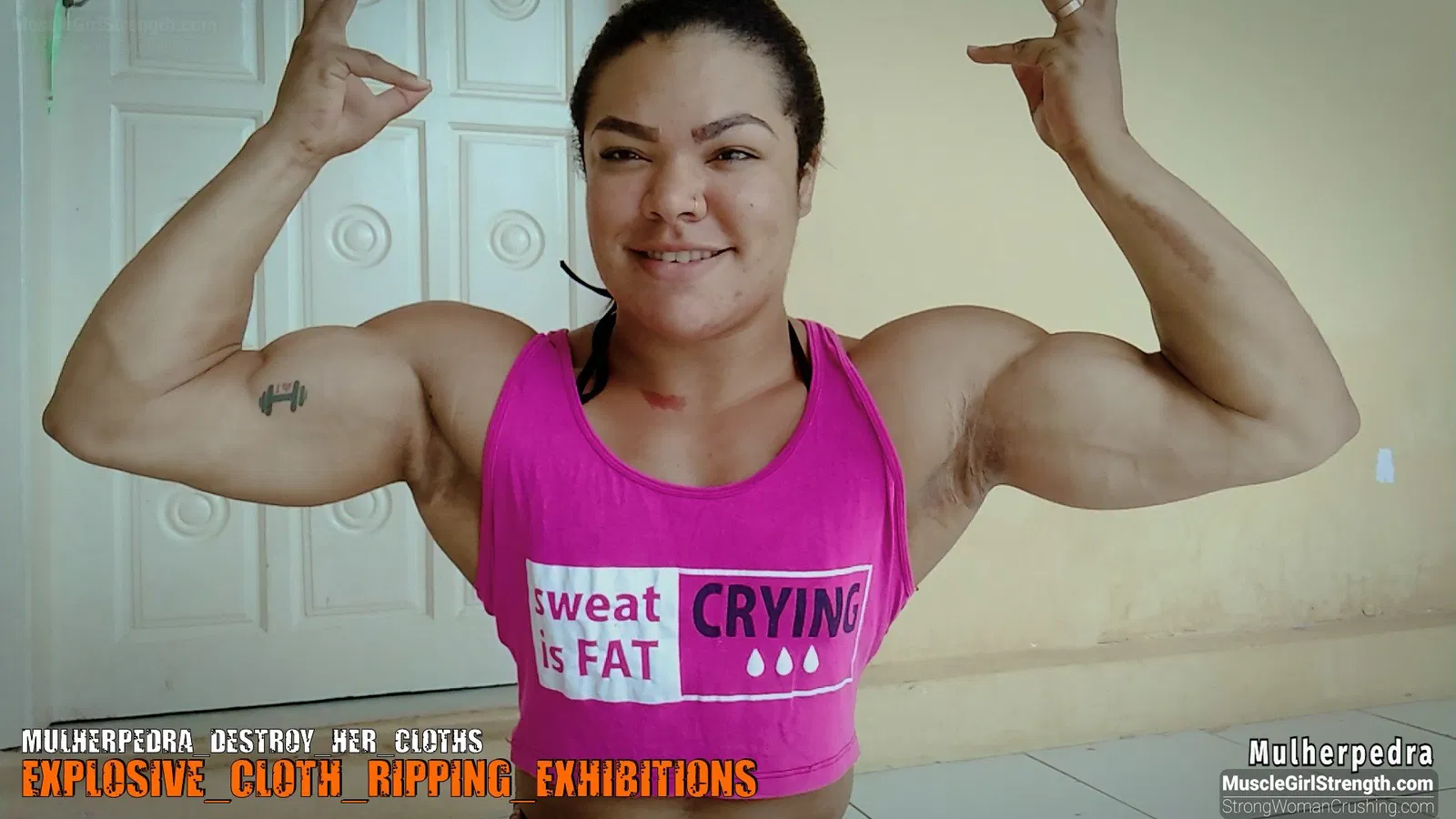 Album by MusclegirlStrength with the username @MusclegirlStrength, who is a brand user,  October 25, 2023 at 3:13 PM and the text says '🔥 www.strongwomancrushing.com 📽️🔥
🎥🔥 Ready to witness the incredible power of Mulherpedra? 💪
👗 Don't miss out on the jaw-dropping video where she destroys her clothes! 🚀
💥 #Mulherpedra #musclebeauty #strongwomen #fitfemales #femalestrength..'