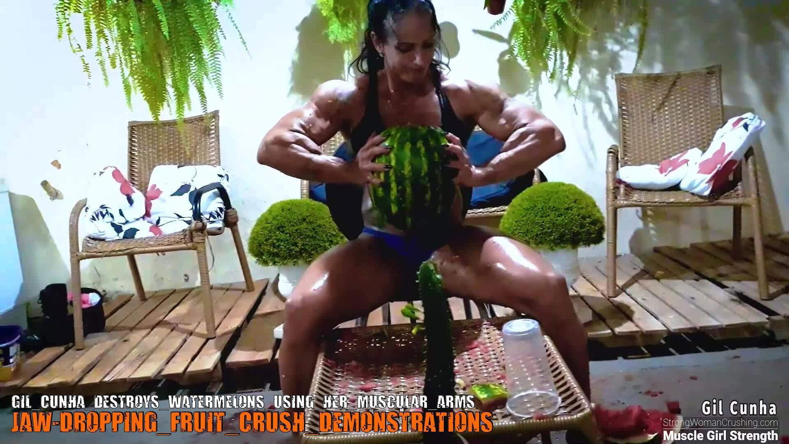 Photo by MusclegirlStrength with the username @MusclegirlStrength, who is a brand user,  October 1, 2023 at 3:52 AM and the text says '💪🏽 Get ready to witness Gil Cunha crush watermelons with her muscular arms! 🍉👊🏽 Get your membership to watch the full video now at www.strongwomancrushing.com 🤩 #GilCunha #WatermelonCrushing #StrongWoman #MuscularArms #CrushIt'