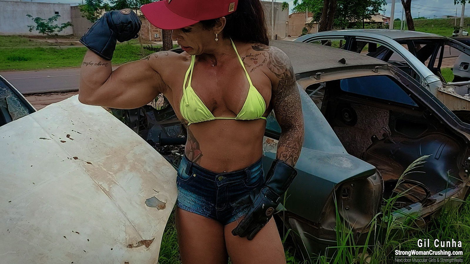 Photo by MusclegirlStrength with the username @MusclegirlStrength, who is a brand user,  July 18, 2023 at 3:54 PM and the text says '👊🏼It's time to witness a 🤯 legendary feat of strength! 💪🏼Watch Gil Cunha use her immense arms and 💥 bend a car hood with Gilcunha! 🔥Visit StrongWomanCrushing.com to buy a membership and 👀 see the amazing video! #StrongWomanCrushing #GilCunha..'