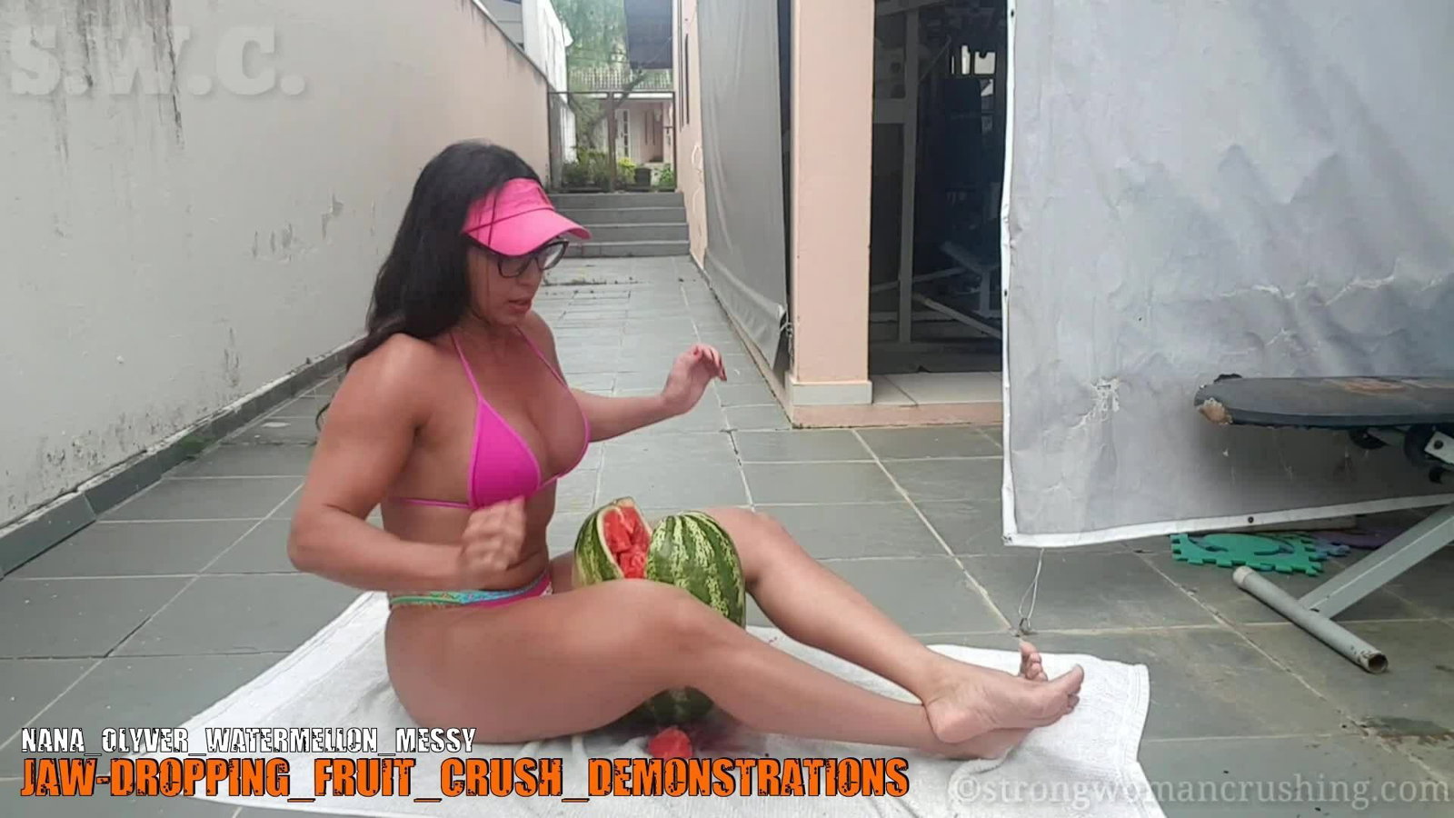 Photo by MusclegirlStrength with the username @MusclegirlStrength, who is a brand user,  October 3, 2023 at 6:52 PM and the text says '🍉🍉 Check out the hilarious new video about Nana Olyver Watermellon Messy with Nana! 🤣 Get your membership now to watch it at www.strongwomancrushing.com 💪 #StrongWomanCrushing #NanaOlyver #WatermellonMessy #FunnyVideos #MembershipBenefits'