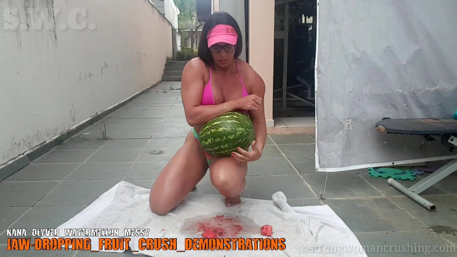 Photo by MusclegirlStrength with the username @MusclegirlStrength, who is a brand user,  October 3, 2023 at 6:52 PM and the text says '🍉🍉 Check out the hilarious new video about Nana Olyver Watermellon Messy with Nana! 🤣 Get your membership now to watch it at www.strongwomancrushing.com 💪 #StrongWomanCrushing #NanaOlyver #WatermellonMessy #FunnyVideos #MembershipBenefits'