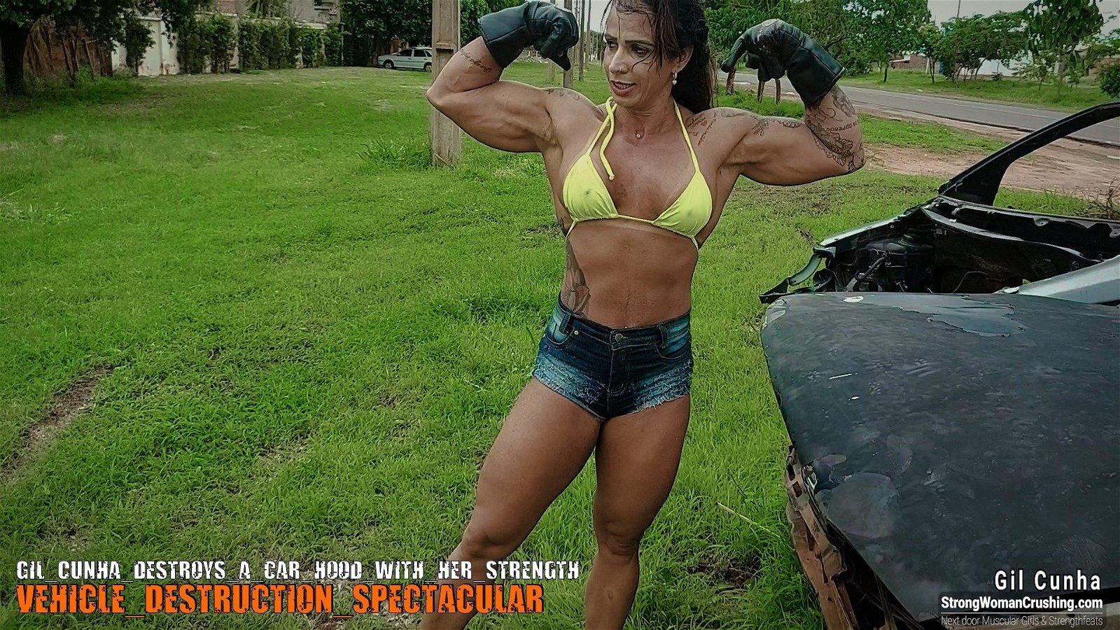 Photo by MusclegirlStrength with the username @MusclegirlStrength, who is a brand user,  September 17, 2023 at 1:02 AM and the text says '💪🔥Check out this incredible video of Gil Cunha destroying a car hood with her strength! 💪🔥Visit www.strongwomancrushing.com to get a membership and watch the video! 🔥 #strongwoman #GilCunha #crushinggoals #carhood #strength'