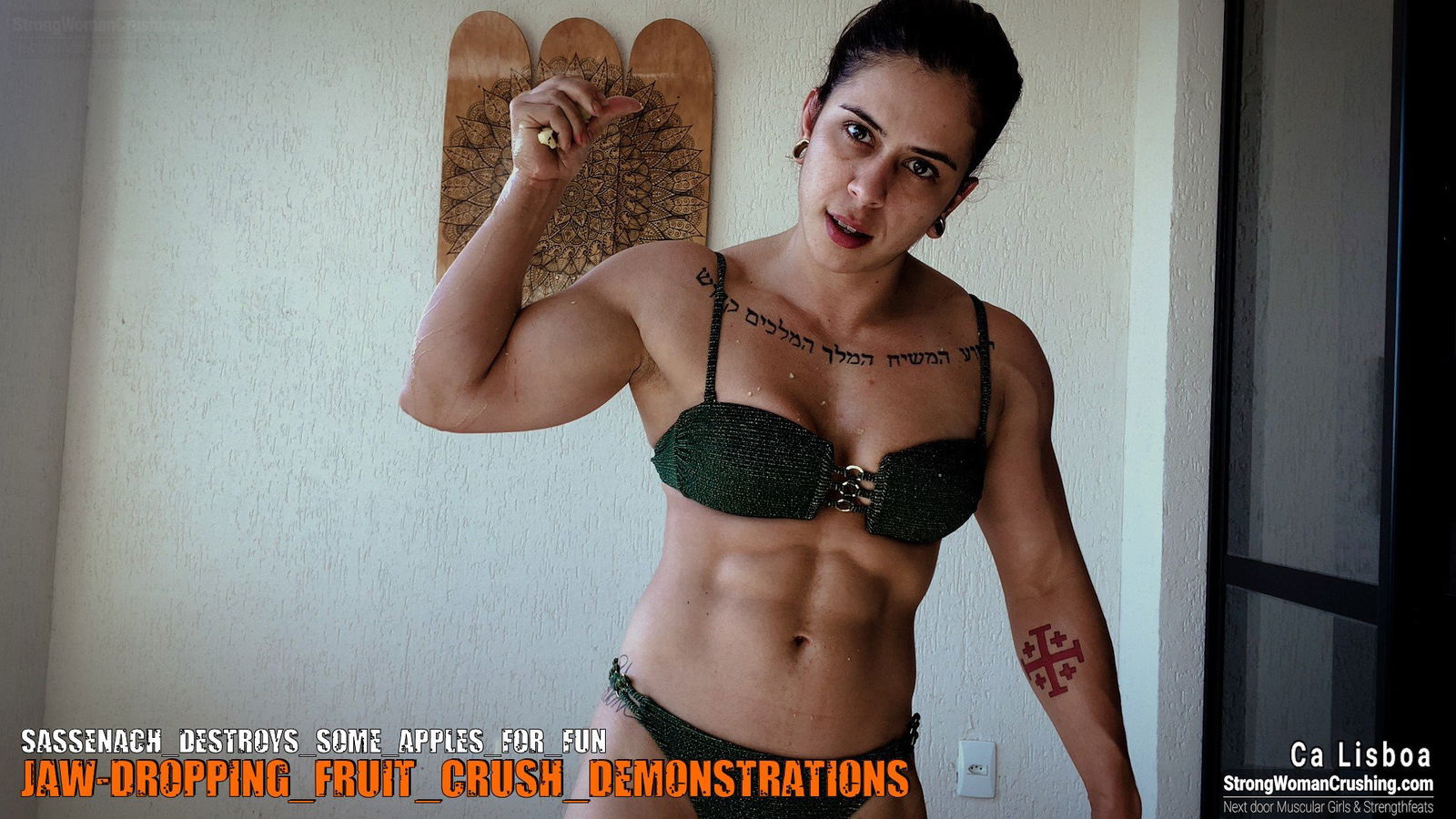 Album by MusclegirlStrength with the username @MusclegirlStrength, who is a brand user,  October 26, 2023 at 12:12 PM and the text says '🔗 Visit www.strongwomancrushing.com

🎥 Watch Sassenach crush apples and more!

Join our membership to unlock exclusive videos featuring the incredible model Sassenach.

#femalebodybuilders #musclewomen #strengthandbeauty #flexingwomen..'