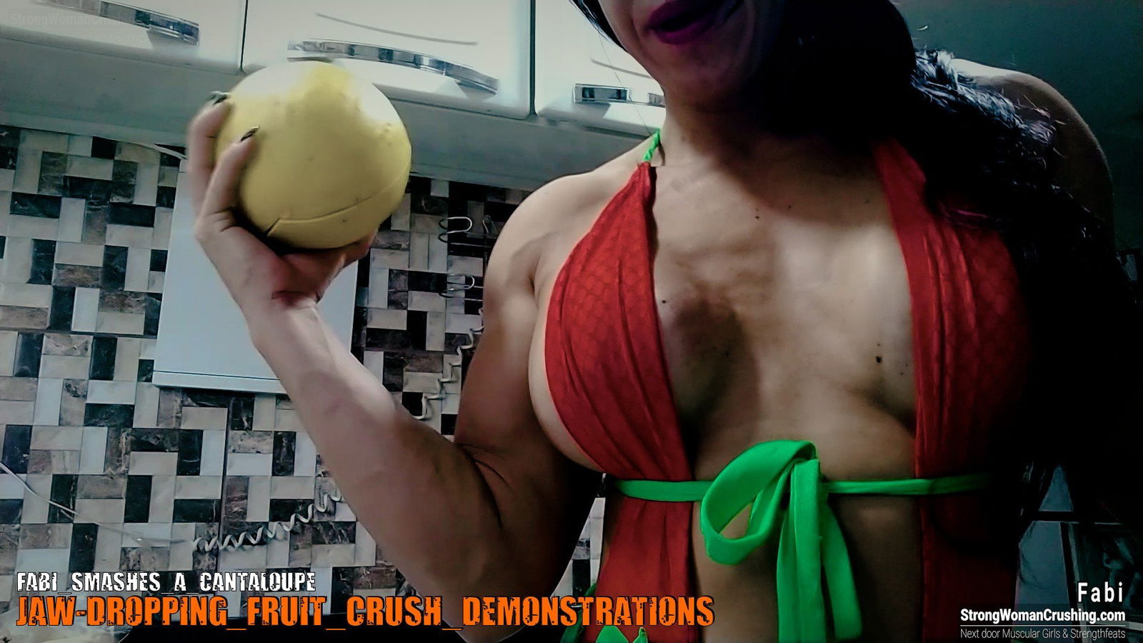 Album by MusclegirlStrength with the username @MusclegirlStrength, who is a brand user,  September 30, 2023 at 7:08 PM and the text says '🍉💪 Check out this awesome video of Fabi smashing a cantaloupe! 🍉💪 Get a membership to watch it now at www.strongwomancrushing.com #FabiSmash #CantaloupeSmash #StrongWomanCrushing #WomenEmpowerment #FabiPower'